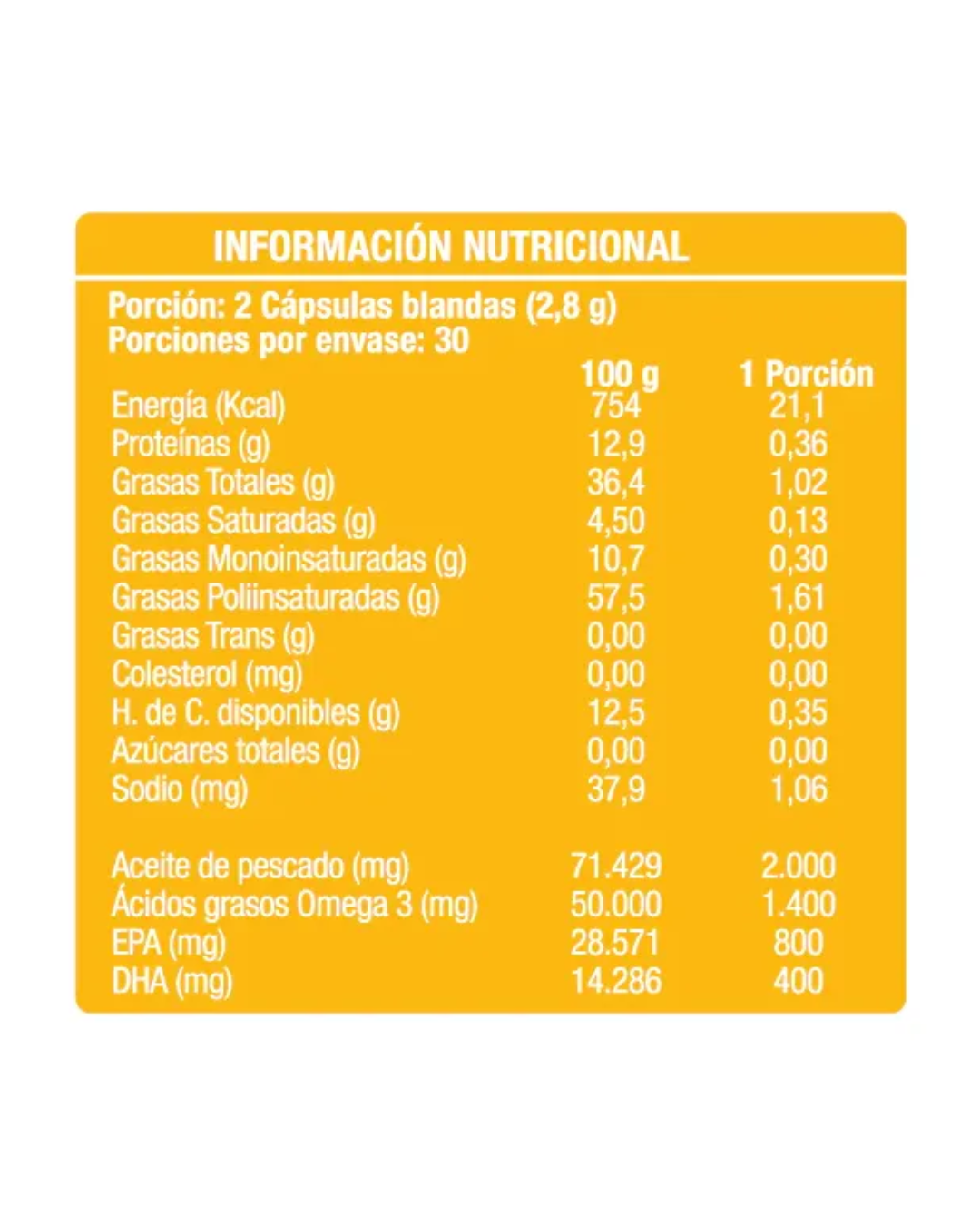 Información nutricional de Omega 3 EPA 800/400 DHA x 60 cápsulas Nutrapharm