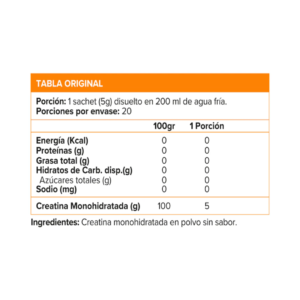 Información nutricional de Creatina Xtreme Boost sobre 5 gr sin sabor x 20 sachets