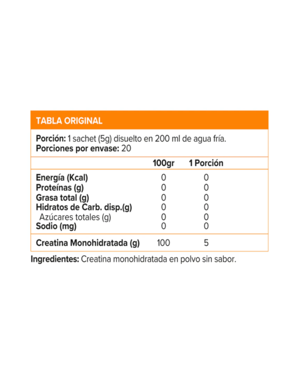 Información nutricional de Creatina Xtreme Boost sobre 5 gr sin sabor x 20 sachets