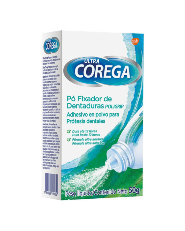 Adhesivo en Polvo para Prótesis Dental Ultra Corega Poligrip 50g – Fijación hasta 12 Horas