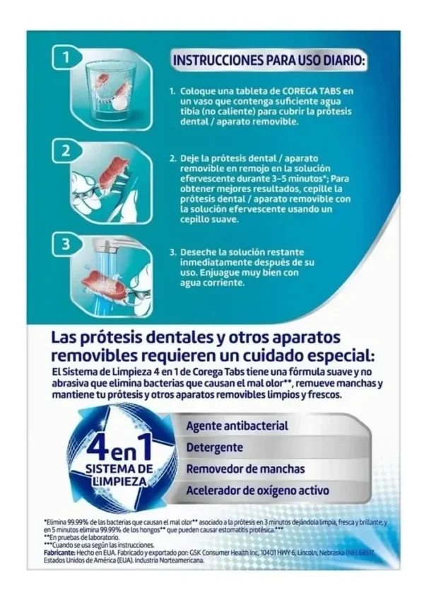Tabletas Limpiadoras para Prótesis Dental Corega Tabs x30 – Limpieza Profunda en 3 Minutos - foto 2